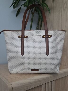 Fossil Cream Patterned Tote with Brown Trim